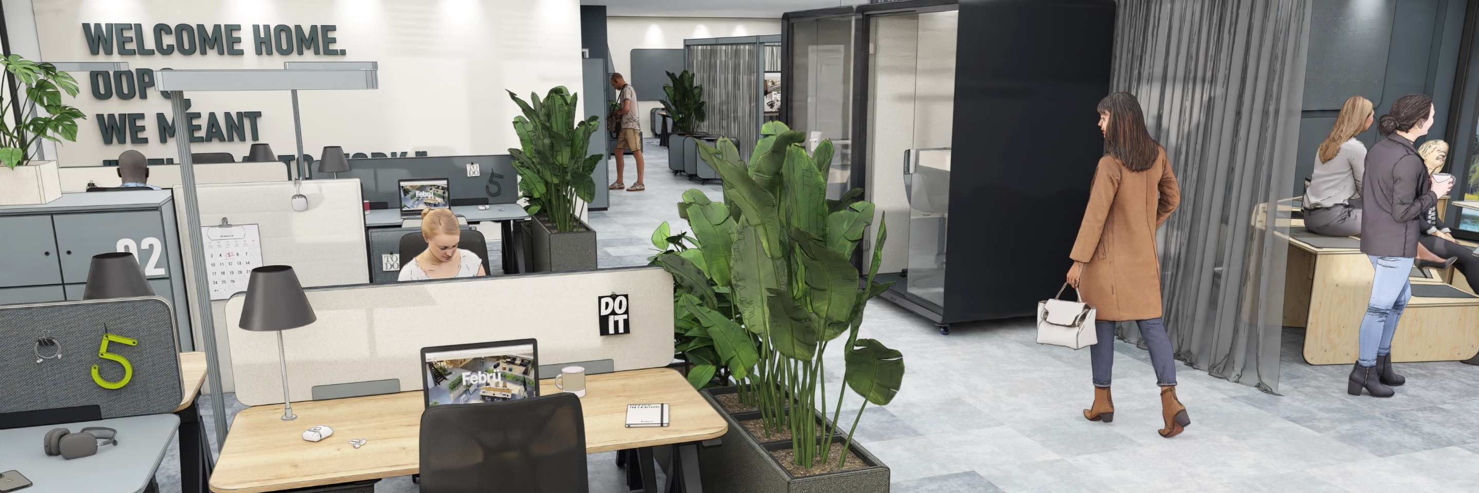 Modernes Büro mit zwei Telefonboxen