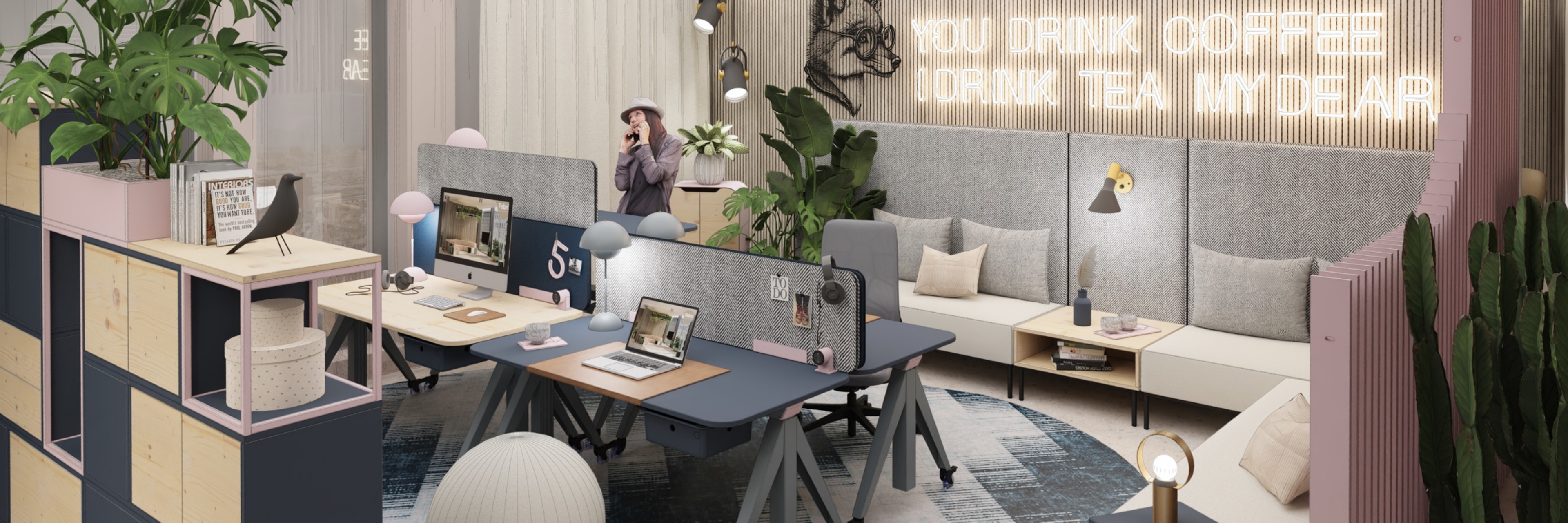 Ein modernes Büro mit Loungeecke und Schreibtischarbeitsplätzen