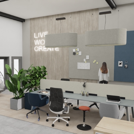 Ein modern eingerichtetes Büro mit mehreren Schreibtischen