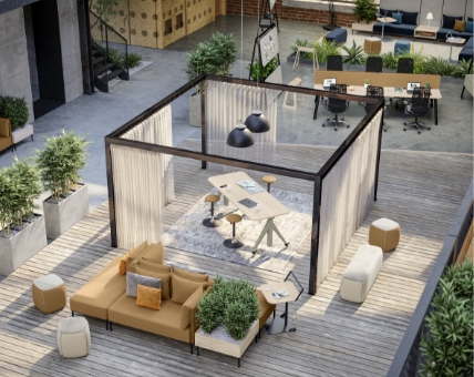 Raum-in-Raum-System mit Vorhängen im Büro