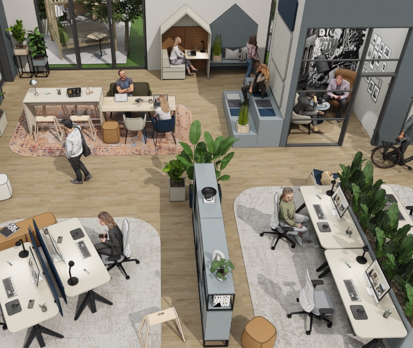 Büro mit verschiedenen Arbeitsplätzen und Raum-in-Raum-System