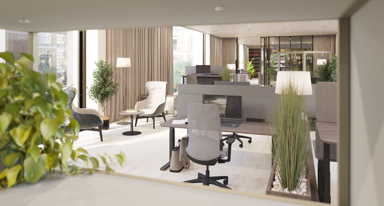 Elegantes Büro mit Sesseln und Bürostuhl